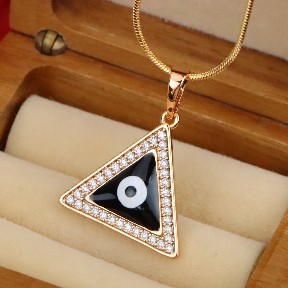 "Triangle Evil Eye Pendant in Rose Gold Finish with Crystal Border, XPPT1837